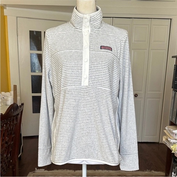 Vineyard Vines Terry Cloth Shep Shirt Striped Gray Pullover Snap Buttons Size M - Picture 2 of 15